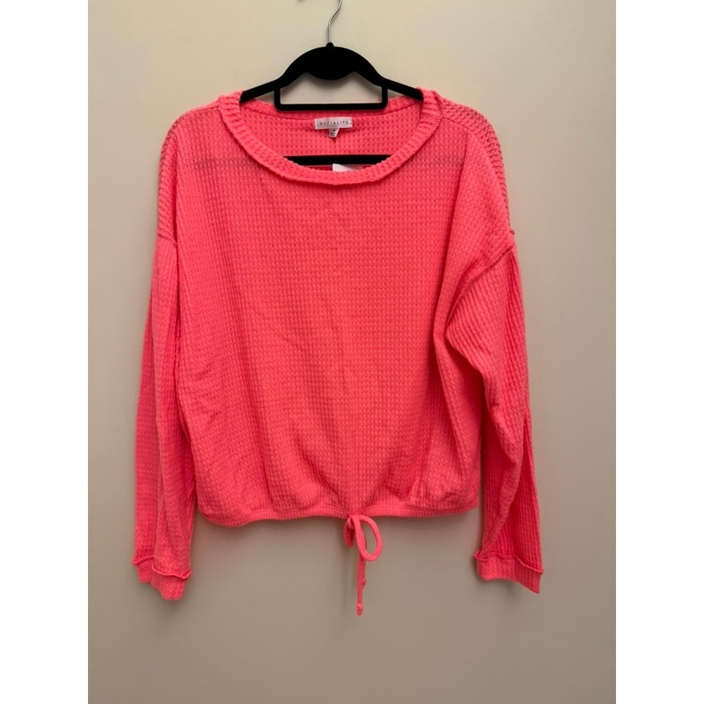 Socialite Womens Neon Pink Waffle Knit Tie Front Long Sleeve Top Size M